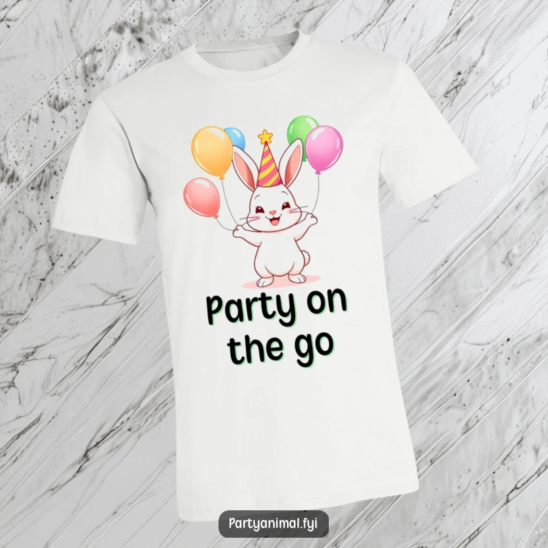 A cute bunny in a party hat smiles while juggling colorful balloons, printed on a fun and funny t-shirt.