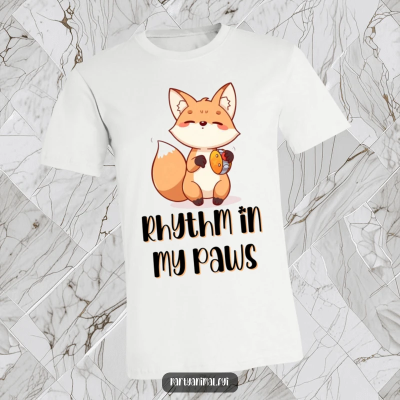 Funny Fox Tambourine T-Shirt: A cheerful fox artistically plays a miniature tambourine, its paws a blur of energetic motion delivering pure, whimsical fun.