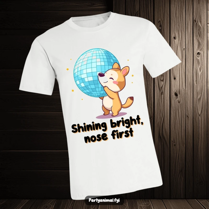 Funny T-Shirt: An animal character energetically bounces a giant disco ball with its nose, radiating party vibes.
