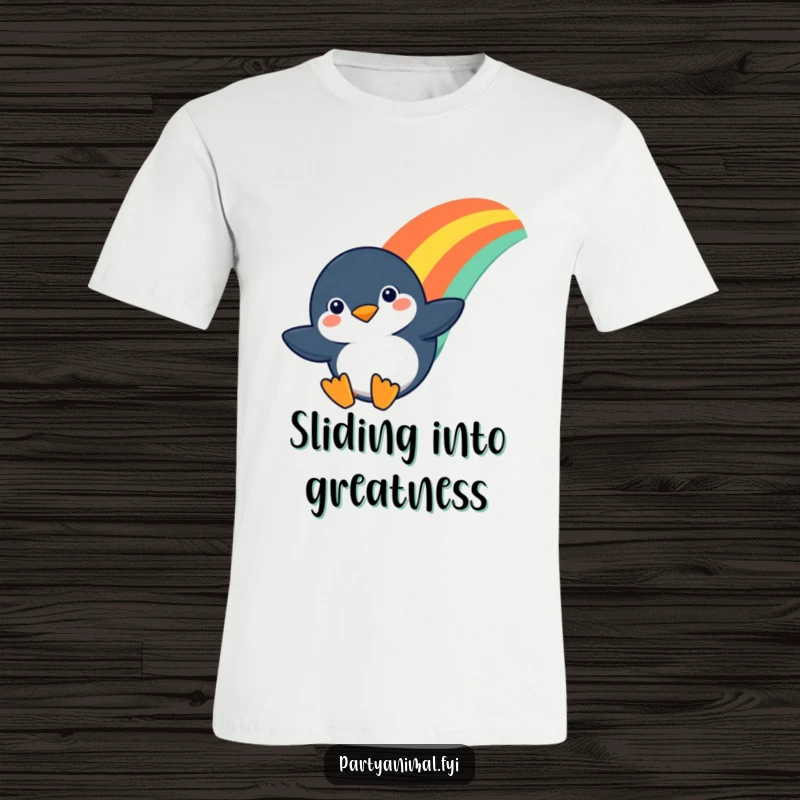 Funny T-shirt showcasing a determined penguin character gracefully sliding down a colorful rainbow, embodying pure joy and determination.
