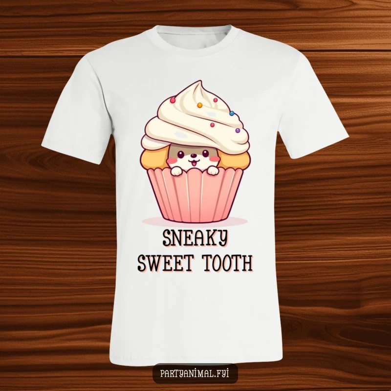 Funny mischievous animal character peeking from behind a giant cupcake on a t-shirt, representing playful sweetness and sneaky humor.