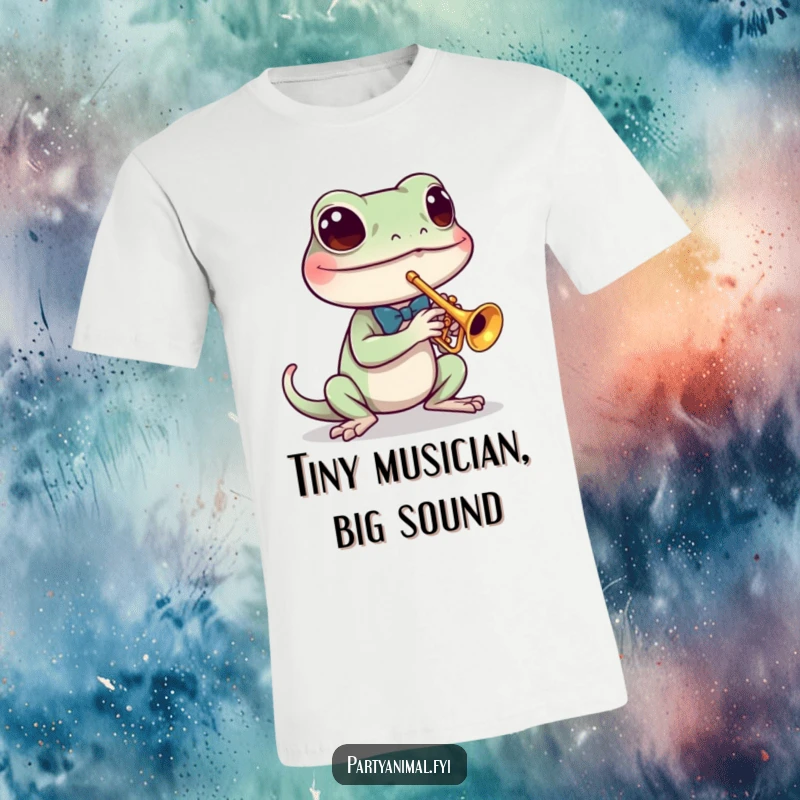 Funny t-shirt of a determined gecko wearing a tiny bow tie, skillfully playing a miniature trumpet with a cool, jazzy vibe.