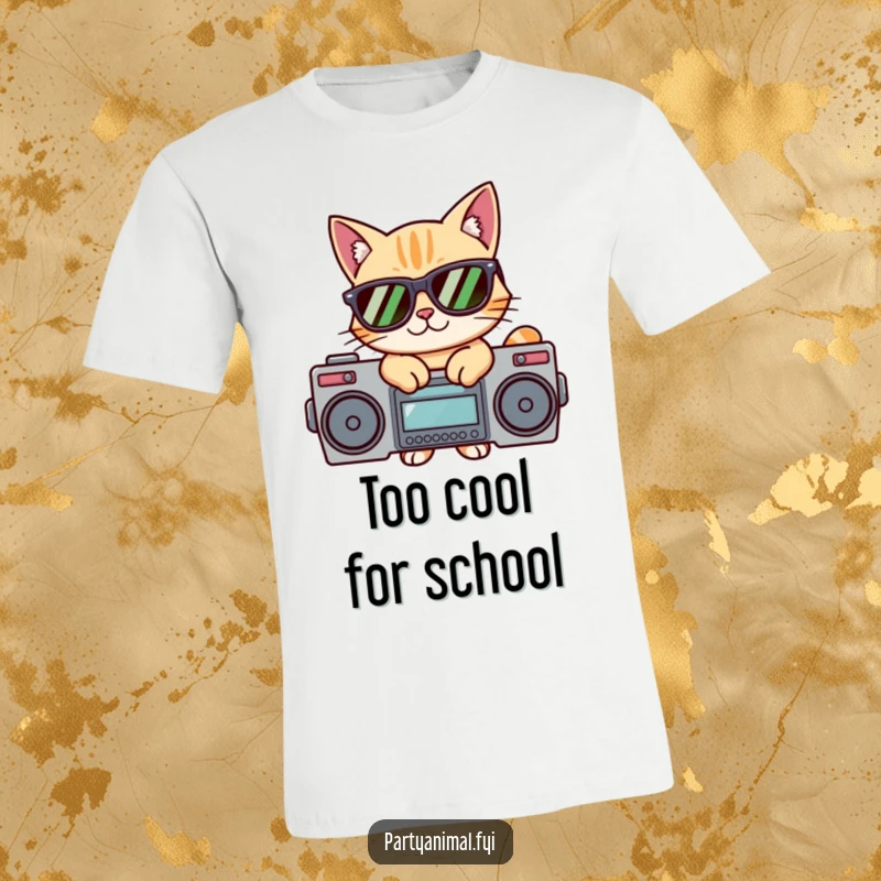 Funny T-shirt depicting a sunglasses-clad cat posing confidently on a boombox, embodying hip-hop style and feline charm.