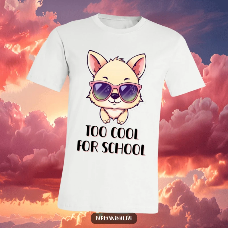 Funny animal character winking while sporting oversized, sparkling sunglasses on a t-shirt, radiating hilarious coolness and confidence.