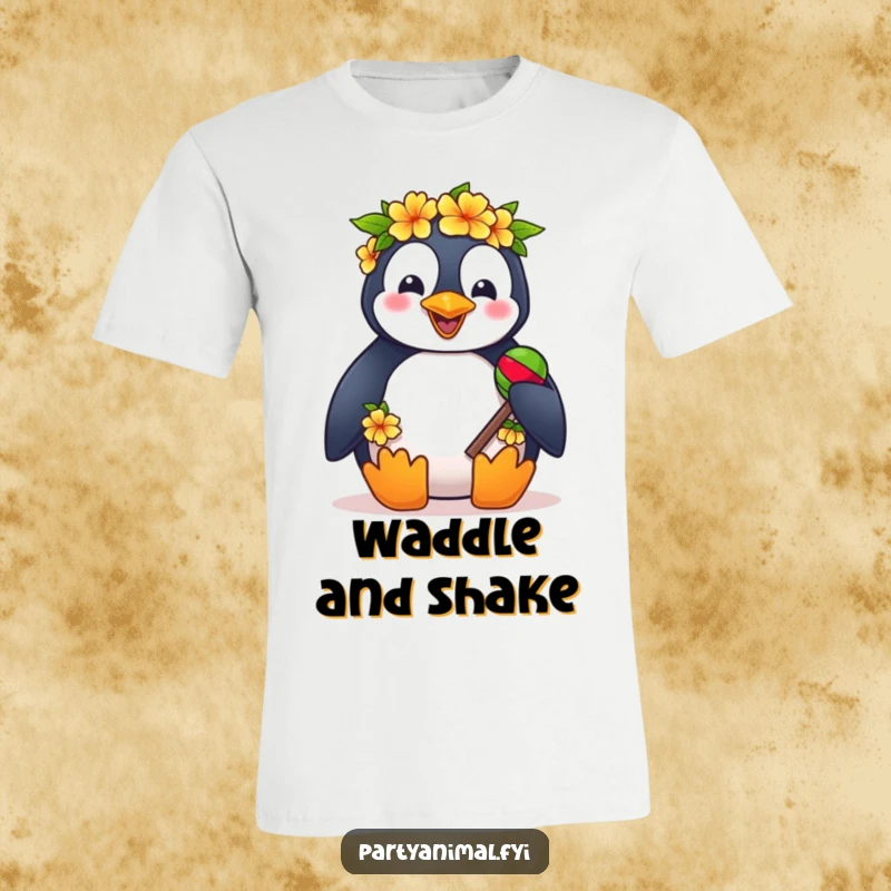 Funny t-shirt graphic of a cheerful penguin in a lei, enthusiastically shaking maracas, ready for a tropical party.
