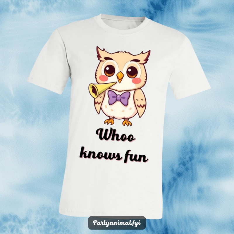 Funny T-Shirt of a happy owl wearing a bow tie, enthusiastically blowing a party horn.