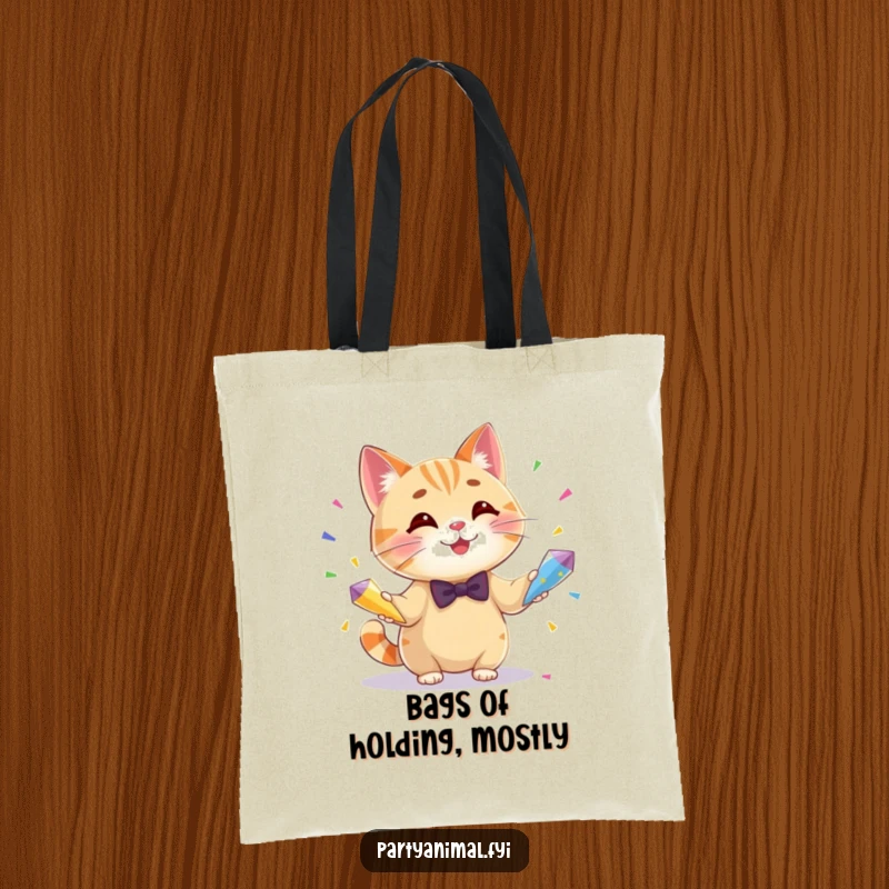 Funny tote bag showcasing a dapper cat in a bow tie, masterfully juggling three cones of colorful confetti, perfect for errands.
