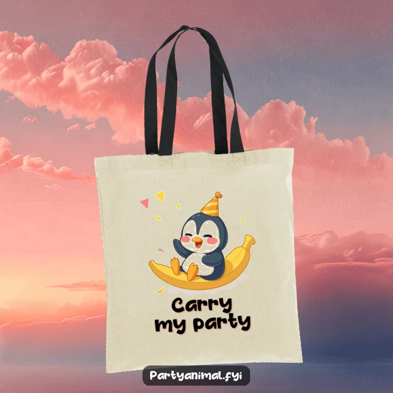 Funny giggling penguin character sliding on a banana peel at a party on a practical and humorous tote bag.