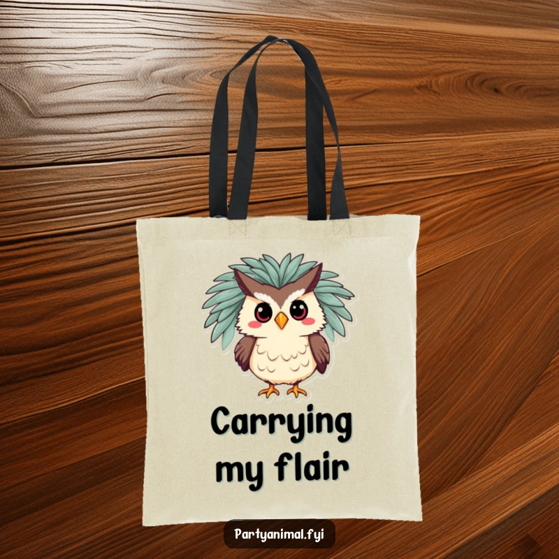 Funny tote bag featuring a silly owl in a glamorous feathered boa, striking a pose, perfect for carrying essentials with dramatic flair.
