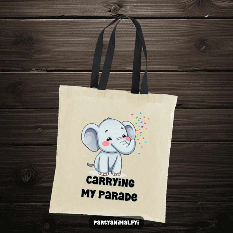 Funny tote bag featuring a cheerful elephant character spraying a vibrant stream of confetti from its trunk, perfect for carrying fun.