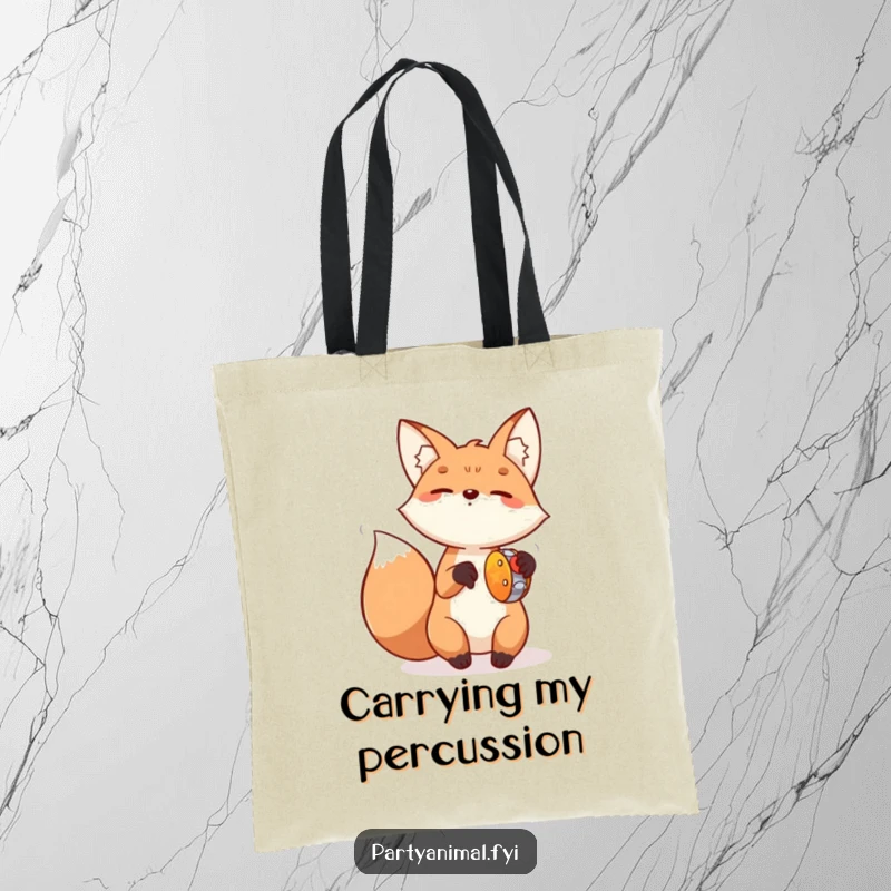 Funny Fox Tambourine Tote Bag: A happy fox enthusiastically plays a small tambourine with lively paw strikes, a portable burst of cheerful energy.