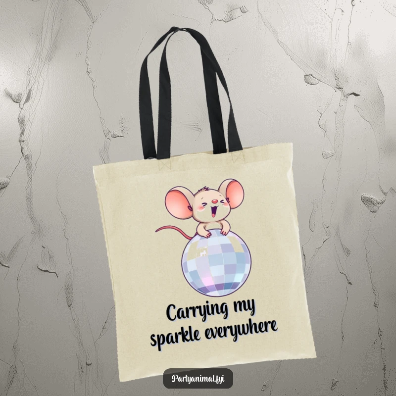 Funny tote bag showcasing a tiny, ecstatic mouse aboard a shimmering disco ball, ready to groove and carry your items.
