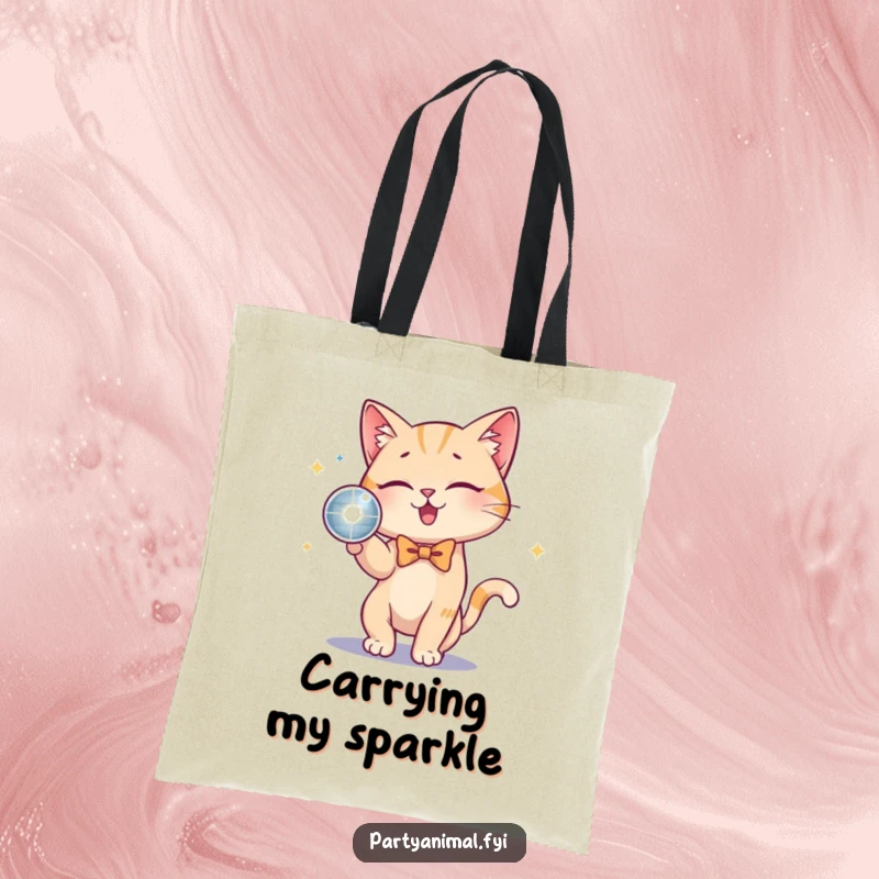 Funny Cat Bow Tie Disco Ball Tote Bag: A playful cat in a bow tie batting at a shiny disco ball, a chic accessory for party essentials.