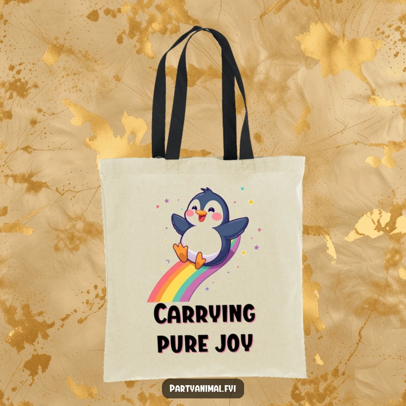Funny gleeful penguin sliding down a rainbow with a confetti trail on a tote bag, ideal for carrying essentials with whimsical charm, a funny gift.