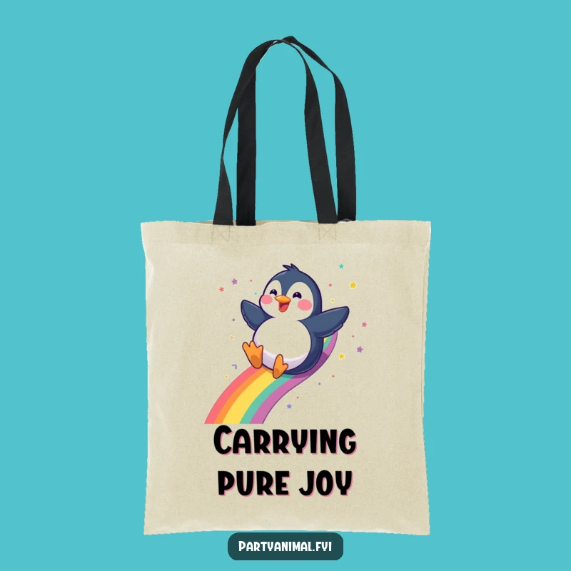 Funny Penguin Tote Bag: Gleeful Rainbow Slide Confetti Gift