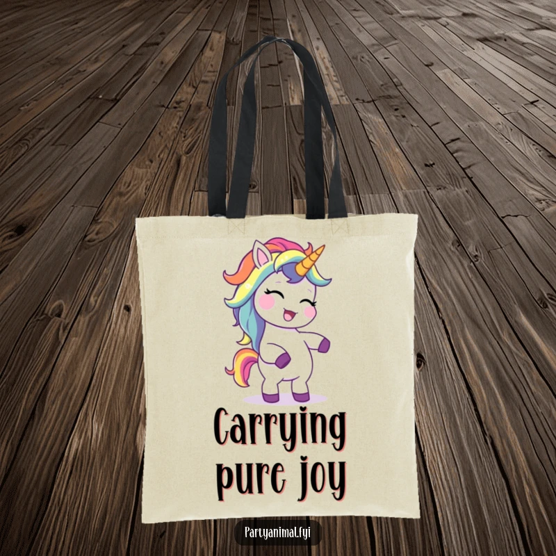 Funny tote bag showcasing a giggling unicorn with a rainbow mane, performing a silly dance, perfect for shopping or carrying daily items.
