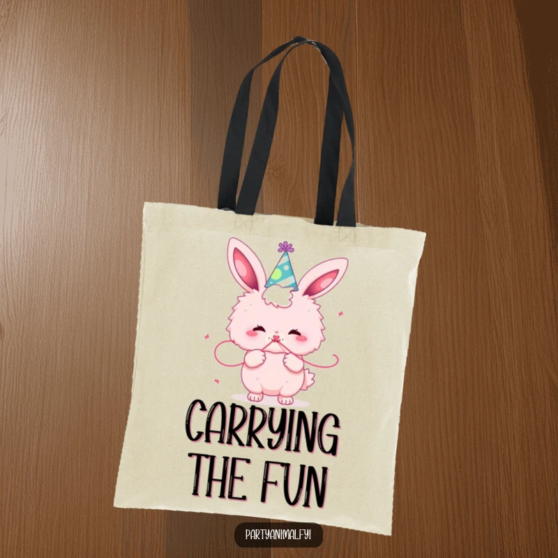 Funny fluffy pink bunny in a party hat blowing a streamer, a festive and cheerful accessory for carrying essentials.