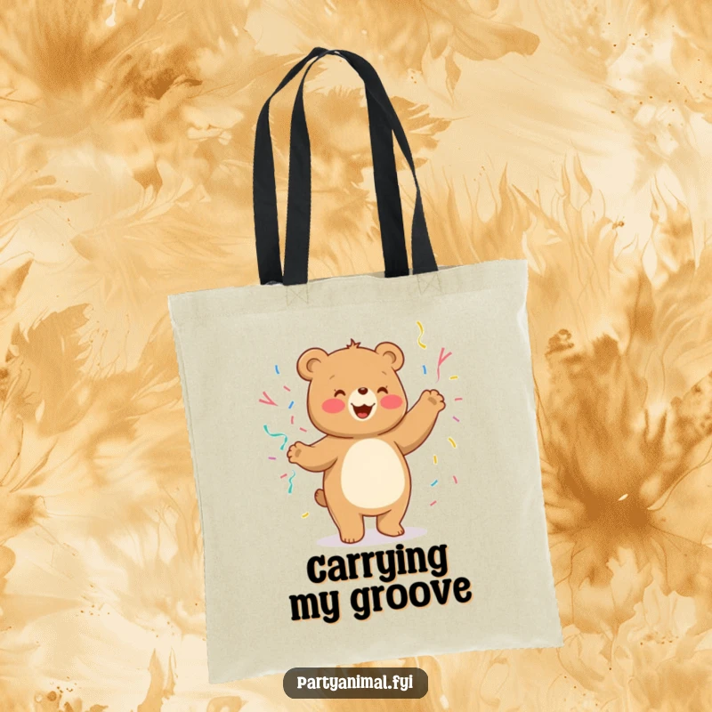 Funny Tote Bag with a cheerful bear character dancing silly with streamers.