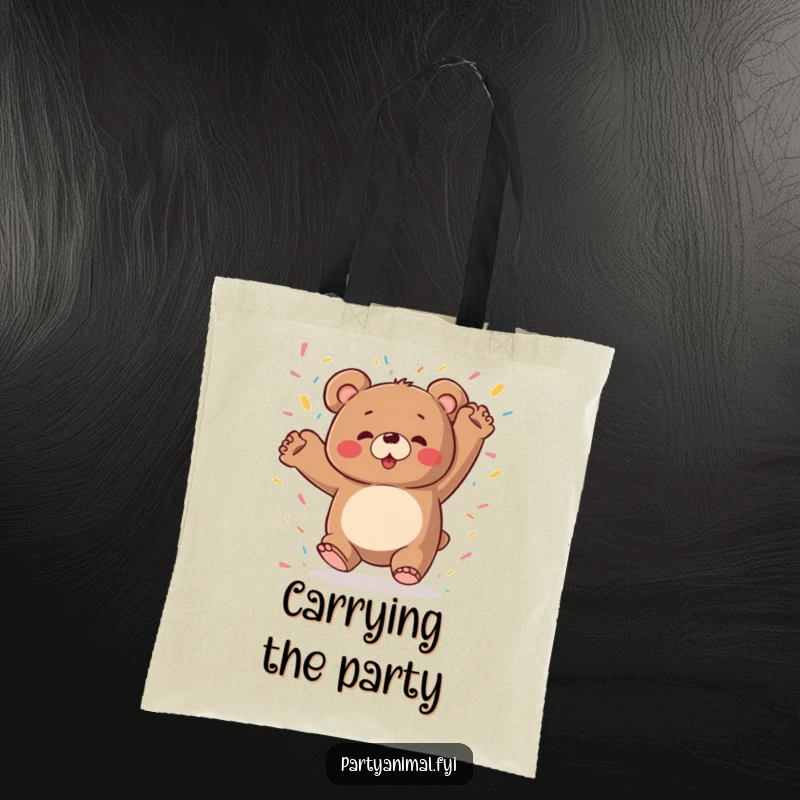 A chubby bear dances wildly amidst falling confetti on a practical and funny tote bag, ready for any celebration.