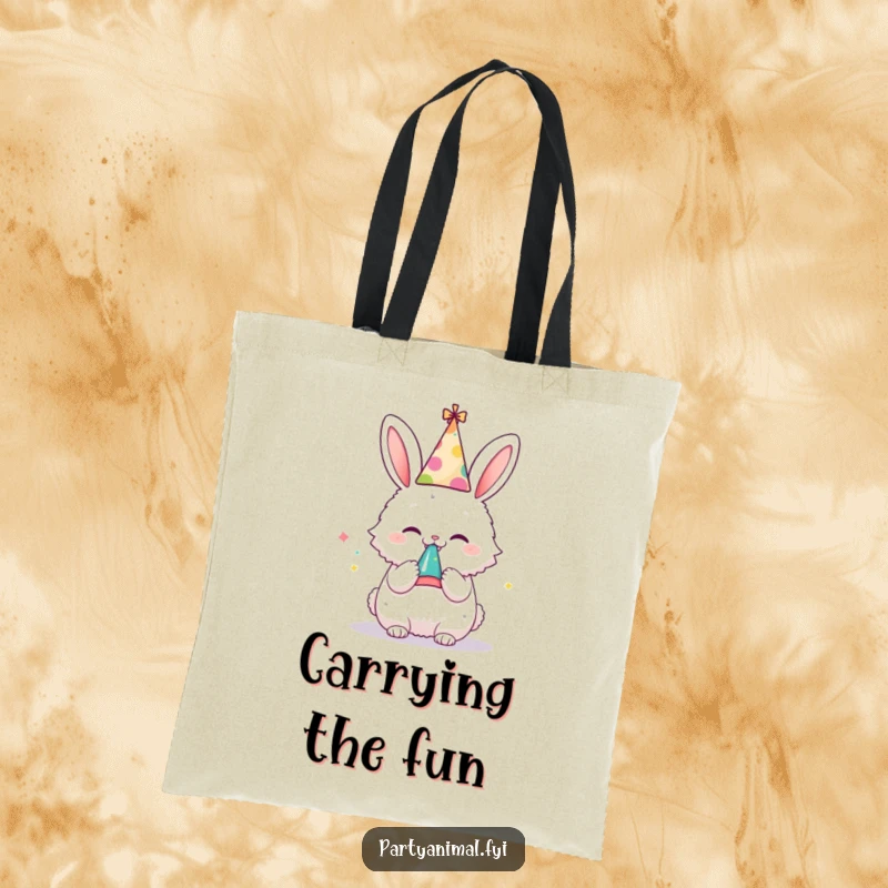 Funny tote bag showcasing a fluffy bunny in a party hat, enthusiastically blowing a noisemaker, perfect for carrying party supplies.