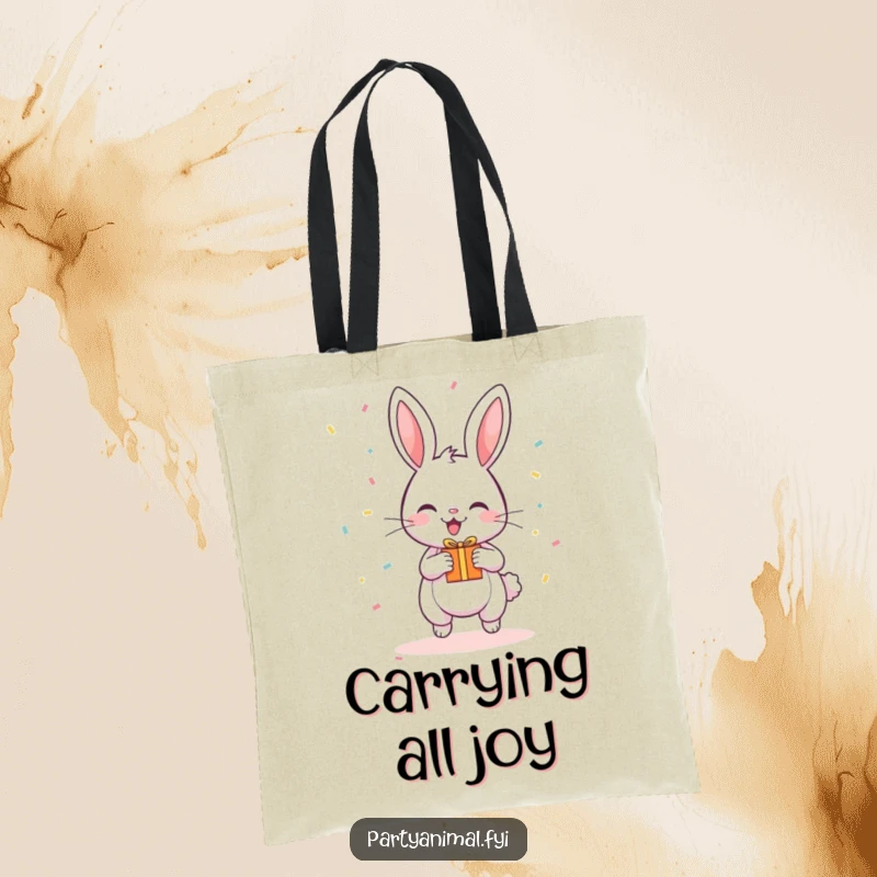 Funny Tote Bag with a happy, bouncing bunny amidst falling confetti, holding a tiny gift.