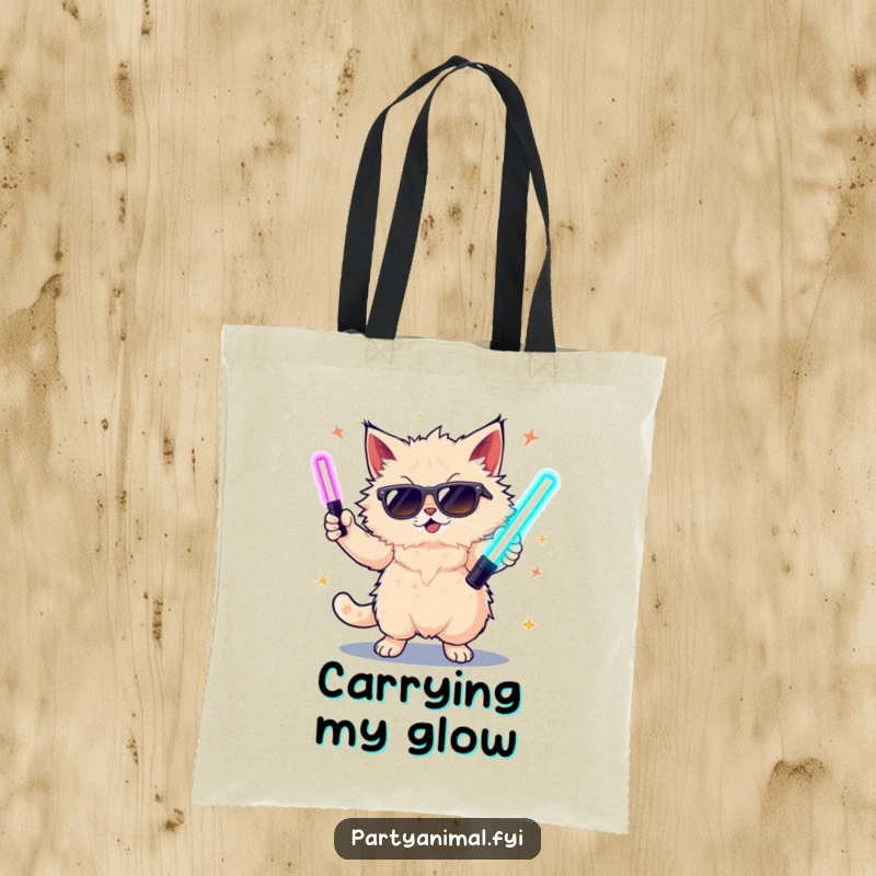 Funny canvas tote bag featuring a cat wearing sunglasses, dancing with glow sticks, ideal for party-goers.