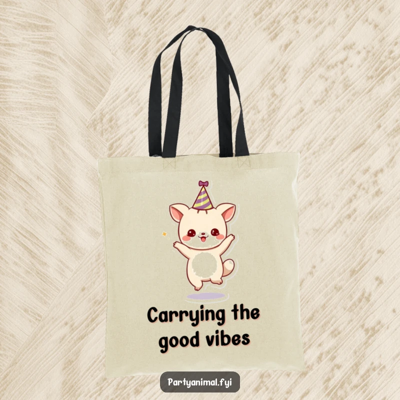 Funny Tote Bag: A cute animal character dancing in a party hat, a cheerful and practical accessory for carrying party essentials.