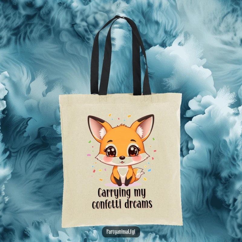 Funny tote bag showcasing a wide-eyed fox character expertly juggling bright, colorful confetti, a symbol of delightful chaos.