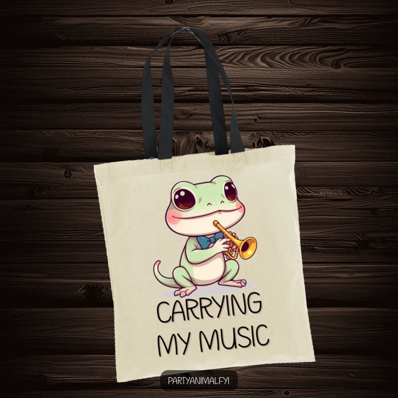 Funny tote bag showing a determined gecko wearing a tiny bow tie, playing a miniature trumpet, perfect for carrying essentials.