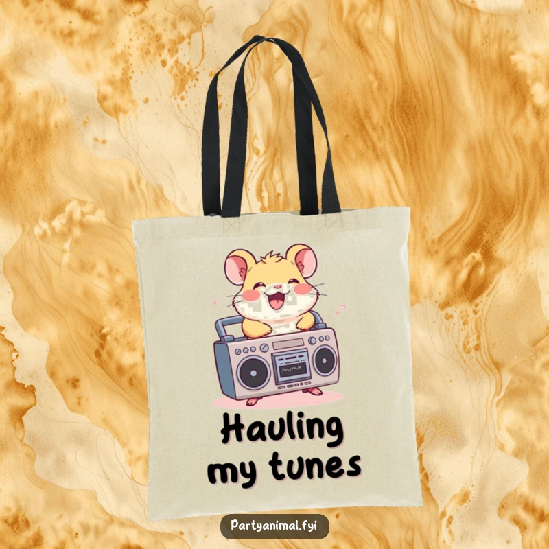 Funny tote bag with a cheerful hamster riding a boombox, grooving to imaginary music, perfect for carrying daily items in style.