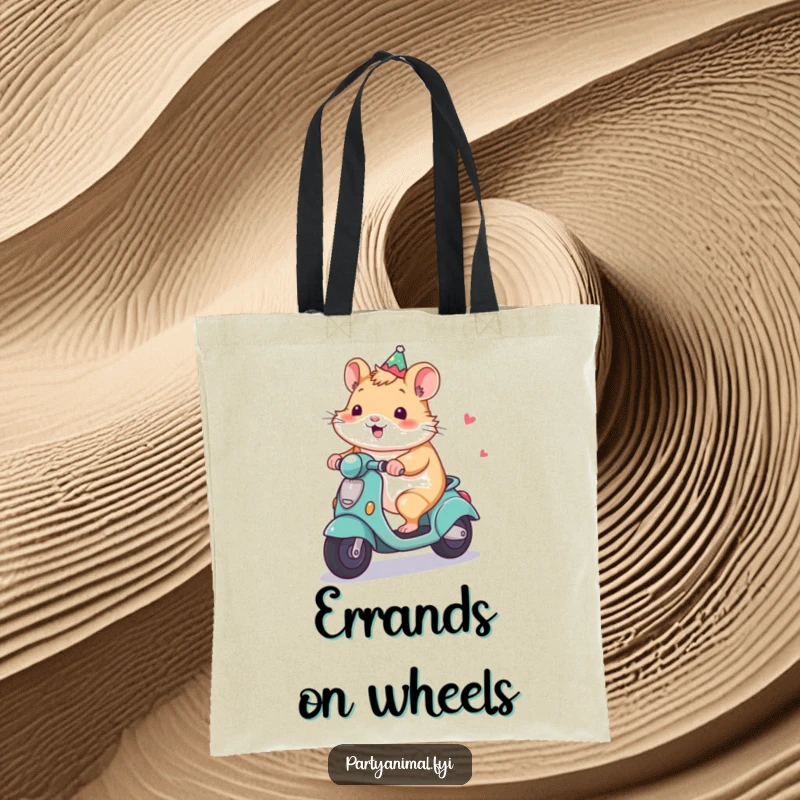 Funny Hamster Tote Bag: A smiling hamster navigates a tiny, decorated party scooter, making this bag a mobile dose of joy.