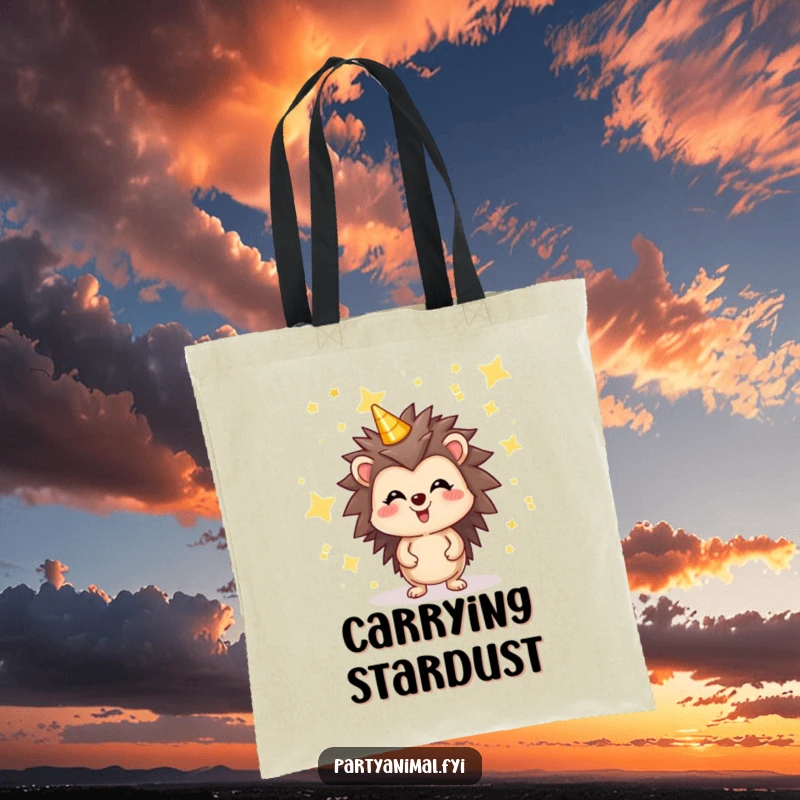 Funny tote bag featuring a joyful hedgehog surrounded by shimmering party stars, ideal for carrying essentials with festive cheer and humor.