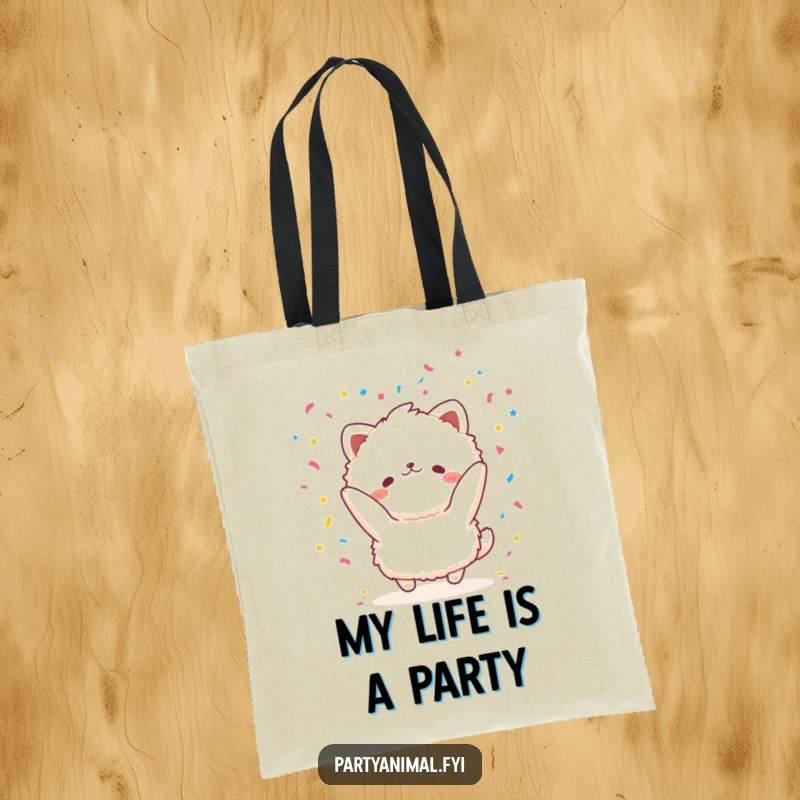 Funny fluffy animal character joyfully throwing confetti on a tote bag, a functional accessory radiating pure festive happiness.