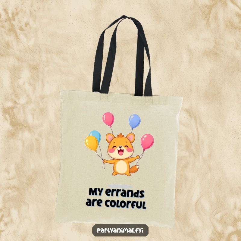 Funny Tote Bag: A cute animal character skillfully juggles colorful balloons, showcasing a huge, beaming smile.