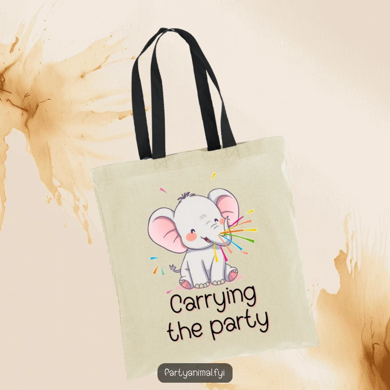 Funny Kawaii Elephant Tote Bag: Cute elephant spraying colorful streamers, a humorous and practical accessory for party lovers.