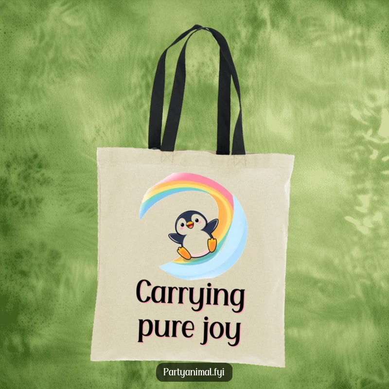 Funny Kawaii Penguin Tote Bag: Cute penguin sliding down a rainbow, a practical and humorous carry-all.