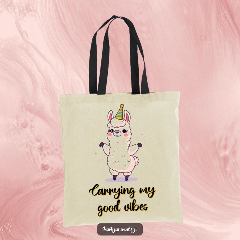 Funny tote bag featuring a winking llama character dancing with a large, sparkling party horn, perfect for carrying festive finds.