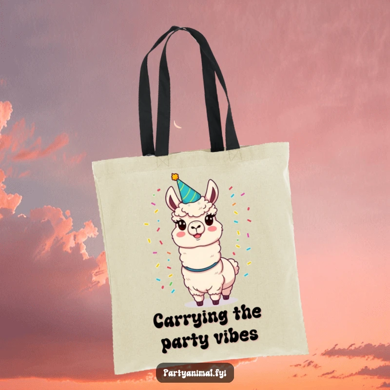 Funny llama tote bag showing a cheerful llama in a party hat juggling colorful confetti, a vibrant accessory.