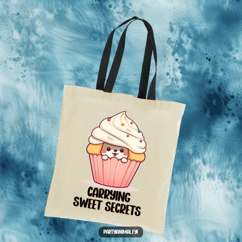 Funny mischievous animal character peeking from behind a giant cupcake on a tote bag, a functional accessory radiating sweet stealth.