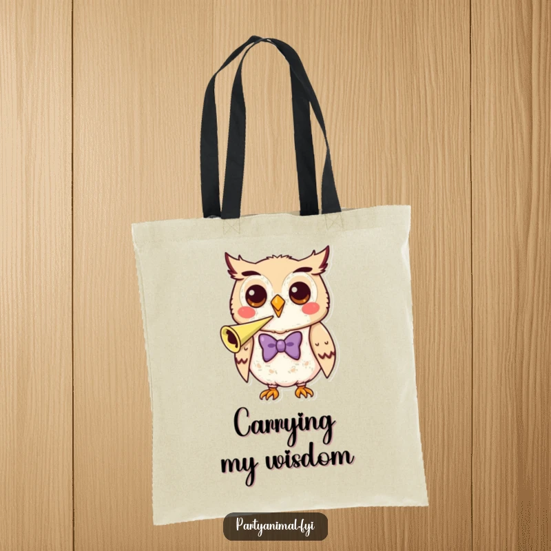 Funny Tote Bag with a happy owl wearing a bow tie, blowing a party horn.