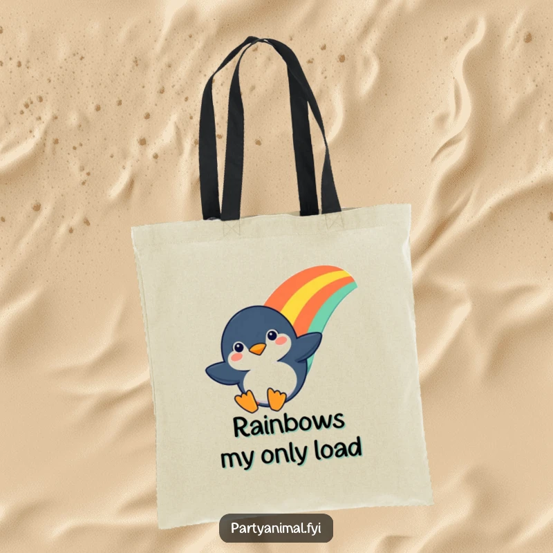 Funny tote bag featuring a determined penguin character sliding down a vibrant rainbow, ready to accompany you on any adventure.