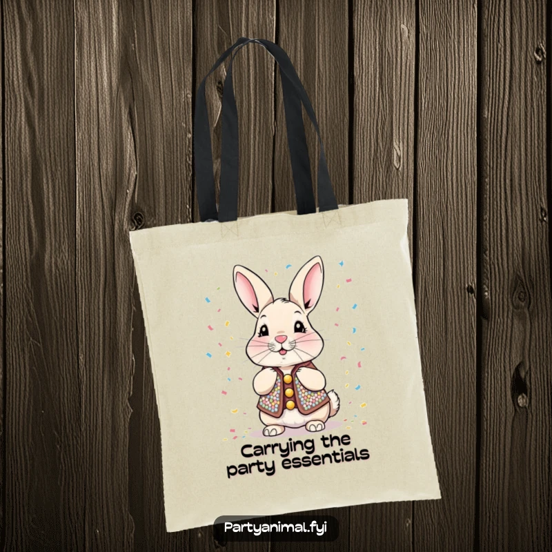 Funny Tote Bag adorned with a sequined rabbit blowing confetti, a vibrant and stylish accessory for carrying essentials with a touch of playful humor.