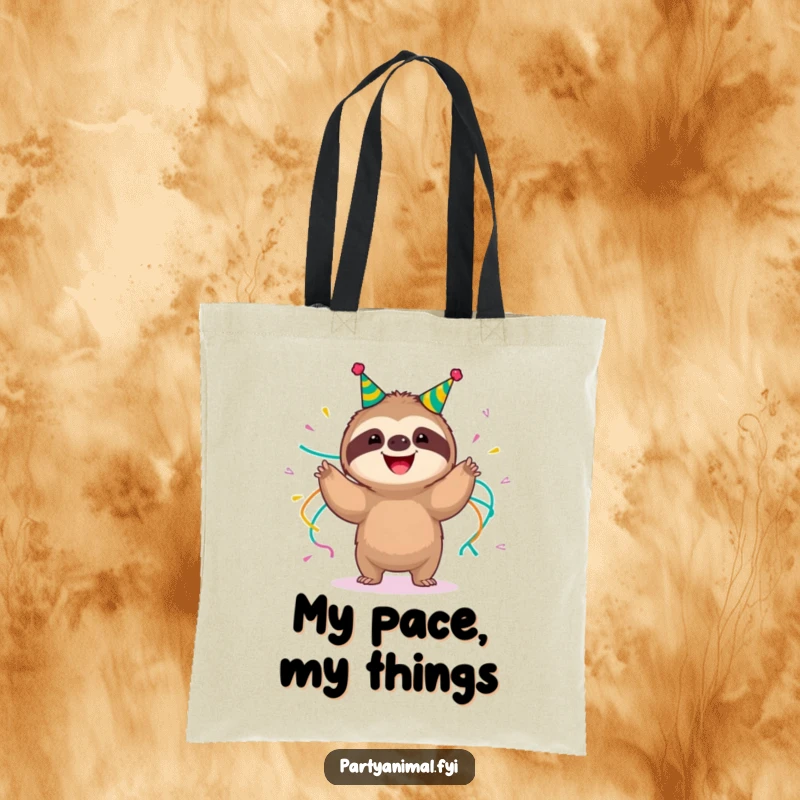 Funny happy sloth wearing party streamers, slow-motion shimmying on a tote bag, ideal for carrying essentials with a relaxed, humorous touch, a funny gift.