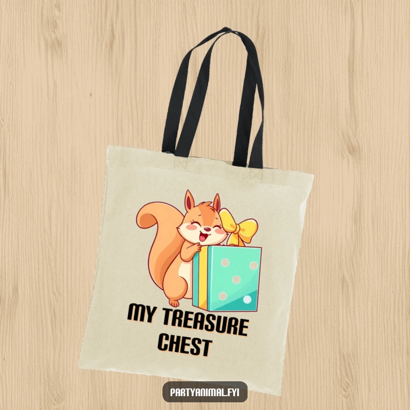 Funny tote bag showcasing an energetic squirrel character joyfully unwrapping a giant, brightly colored gift box, perfect for carrying items.