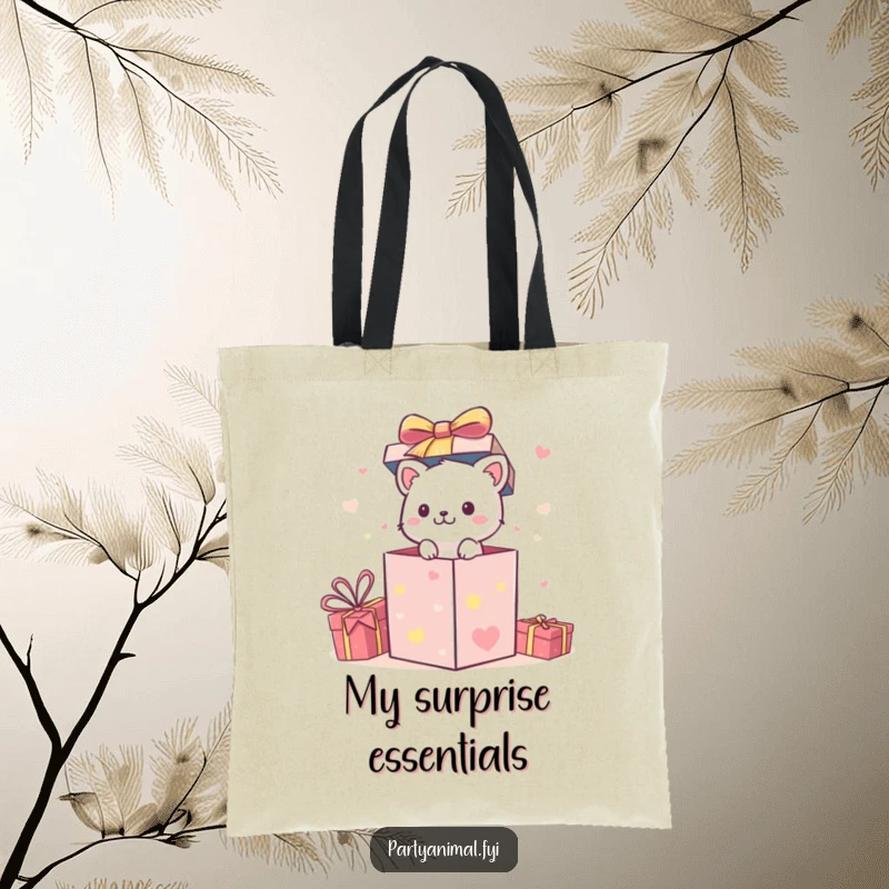 Funny Tote Bag: A small animal character bursts from a festive gift box, symbolizing excitement and fun.