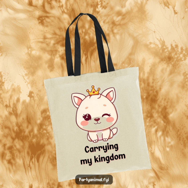 Funny animal character winking and wearing a small crown, printed on a sturdy tote bag for stylish and humorous transport.