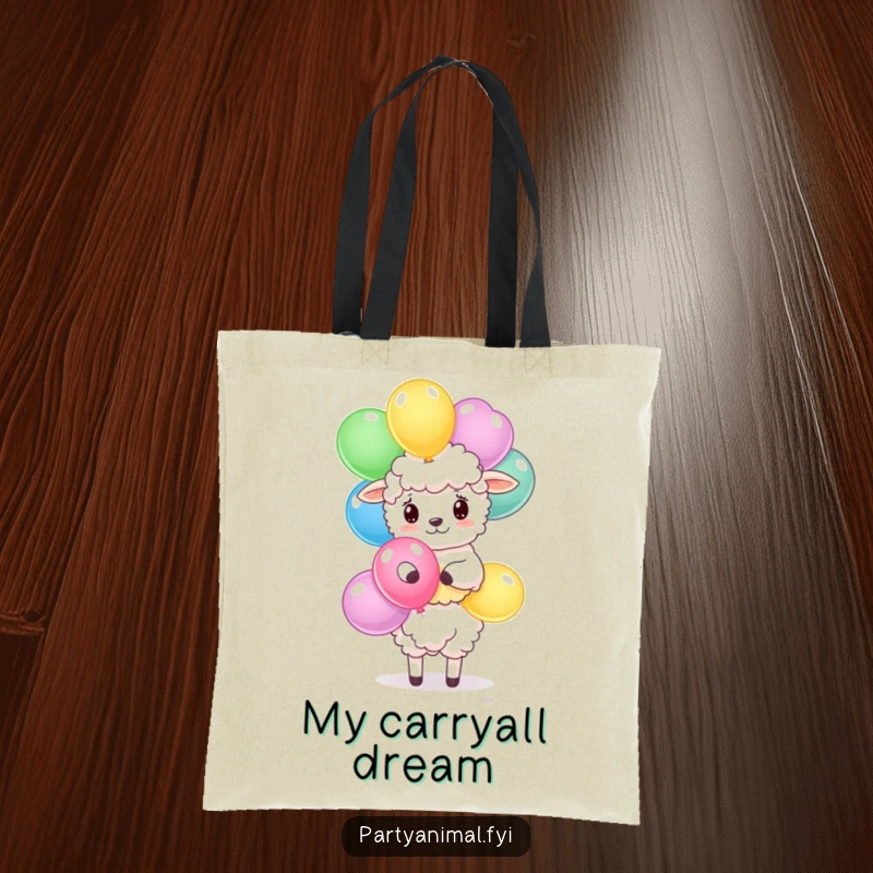 Funny sheep tote bag featuring a fluffy character balancing a stack of bright balloons, a perfect carry-all for fun.