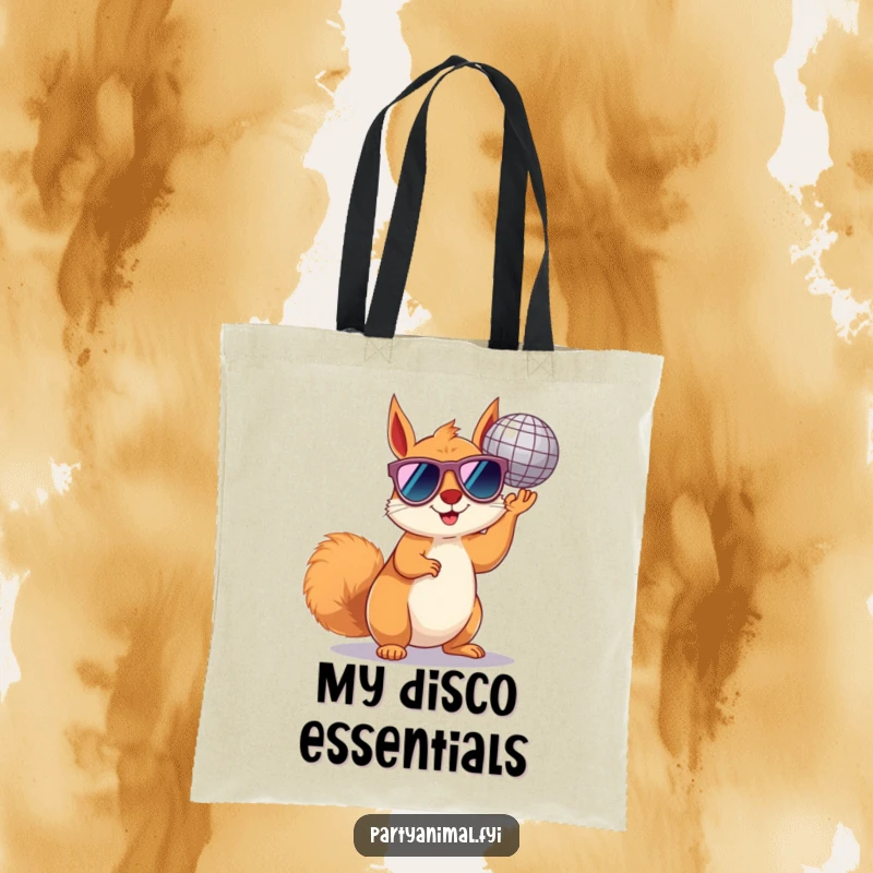 Funny squirrel tote bag with tiny sunglasses, holding a disco ball aloft, ready for any fun occasion.
