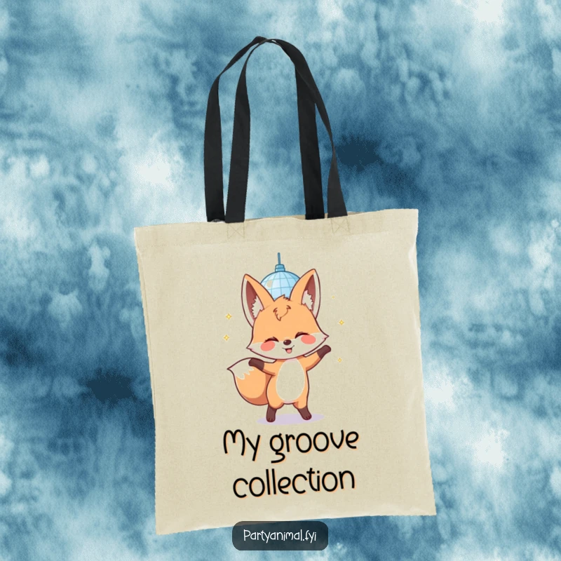 Funny tote bag showcasing a giggling fox character dancing beneath a dazzling disco mirror ball, perfect for carrying essentials.