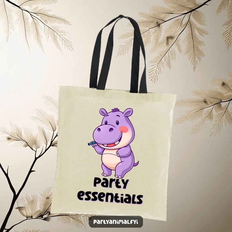 Funny Tote Bag illustrating a purple hippo character joyfully twirling a noisemaker with a wide, celebratory smile.